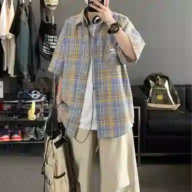 领航骆驼 学院风日系多彩格纹纽扣翻领宽松百搭潮流休闲长袖高街格子衫外套情侣款高级感    衬衫 男女同款