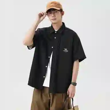 领航骆驼 时尚街头纯色简约印花基础款潮流百搭透气垂感翻领短袖衬衫  男女同款