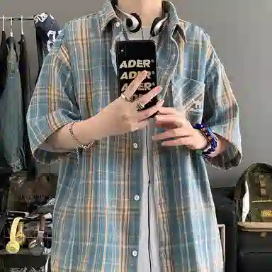 领航骆驼 学院风日系多彩格纹纽扣翻领宽松百搭潮流休闲长袖高街格子衫外套情侣款高级感    衬衫 男女同款