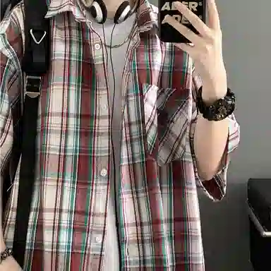 领航骆驼 学院风日系多彩格纹纽扣翻领宽松百搭潮流休闲长袖高街格子衫外套情侣款高级感    衬衫 男女同款