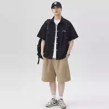 领航骆驼 嘻哈街头美式时尚翻领痞帅复古潮牌凉感透气薄款宽松休闲百搭轻商务通勤落肩短袖   衬衫  男女同款