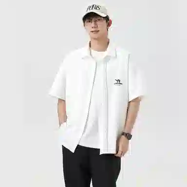 领航骆驼 时尚街头纯色简约印花基础款潮流百搭透气垂感翻领短袖衬衫  男女同款