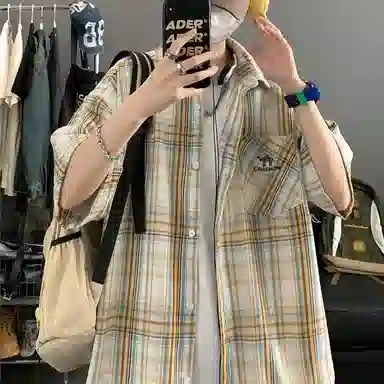 领航骆驼 学院风日系多彩格纹纽扣翻领宽松百搭潮流休闲长袖高街格子衫外套情侣款高级感    衬衫 男女同款