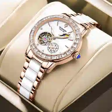 冠琴 绮梦星河系列 高颜值时尚潮流镶钻女士手表 自动机械机芯 牛皮表带 国表 女表 白色表盘 镂空飞轮夜光防水腕表