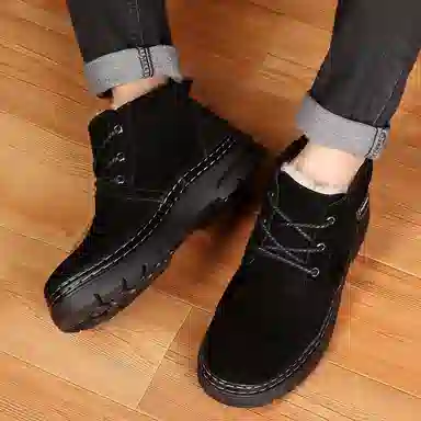 年走索 二层牛皮 耐磨 加绒加厚 保暖防滑 短筒 雪地靴 男款