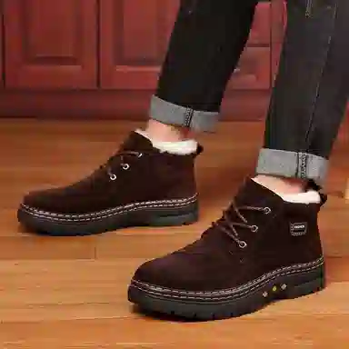 年走索 二层牛皮 耐磨 加绒加厚 保暖防滑 短筒 雪地靴 男款