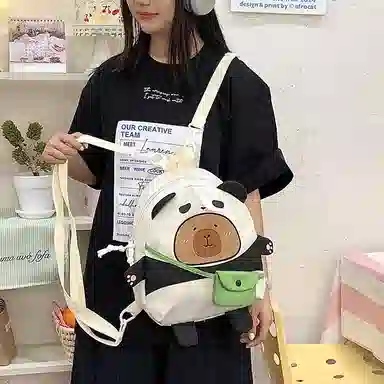 帕克熊 时尚可爱拉链开合 尼龙 双肩包 女款 绿色/卡其色