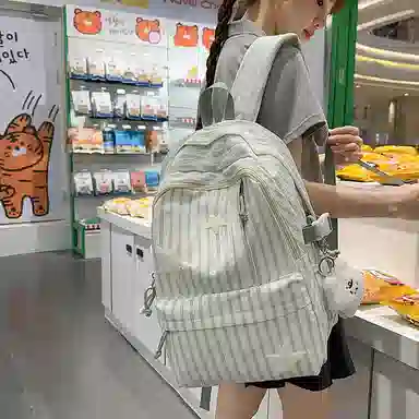 帕克熊 竖纹小星星开心日常上课背包愉快舒适大容量小清新学院风 尼龙 双肩包 常规 女款 多色