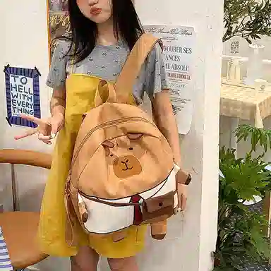 帕克熊 时尚可爱拉链开合 尼龙 双肩包 女款 绿色/卡其色