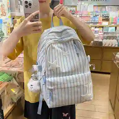 帕克熊 竖纹小星星开心日常上课背包愉快舒适大容量小清新学院风 尼龙 双肩包 常规 女款 多色