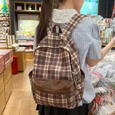 MingLu Classic Plaid Backpack Brown