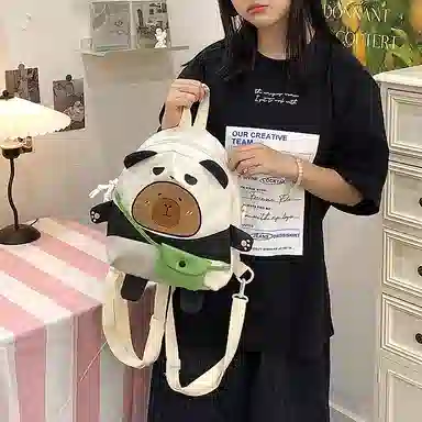 帕克熊 时尚可爱拉链开合 尼龙 双肩包 女款 绿色/卡其色