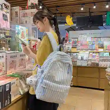 帕克熊 竖纹小星星开心日常上课背包愉快舒适大容量小清新学院风 尼龙 双肩包 常规 女款 多色