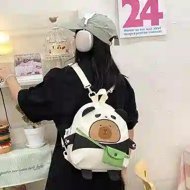 帕克熊 时尚可爱拉链开合 尼龙 双肩包 女款 绿色/卡其色