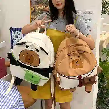 帕克熊 时尚可爱拉链开合 尼龙 双肩包 女款 绿色/卡其色