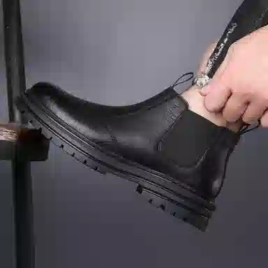 刺桐先生 二层牛皮 复古商务休闲耐磨防滑百搭 及踝 切尔西靴 男款 黑色