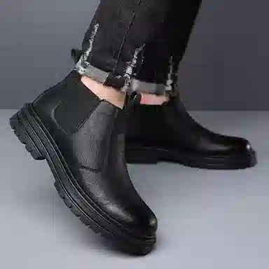 刺桐先生 二层牛皮 复古商务休闲耐磨防滑百搭 及踝 切尔西靴 男款 黑色