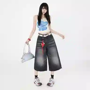 么宁 高腰适中合身阔腿牛仔裤 女款