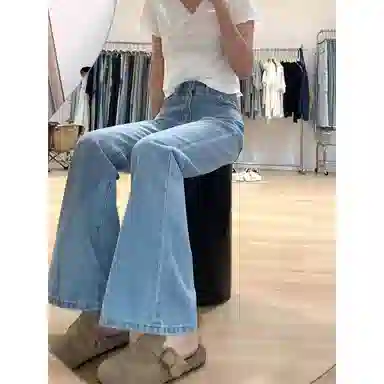 么宁 高腰直筒舒适百搭通勤牛仔裤 男女同款 浅蓝色