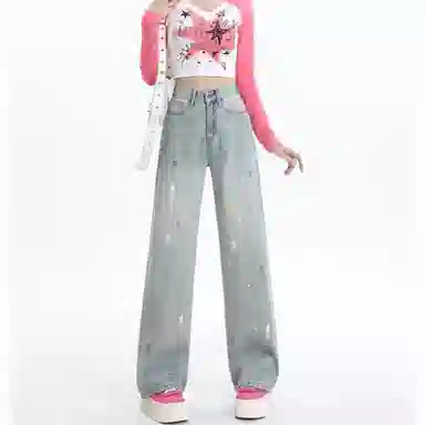 么宁 宽松高腰复古感拖地裤牛仔裤 女款