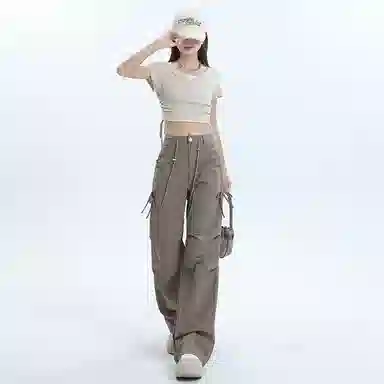 么宁 潮流速干长裤松紧抽绳高腰阔脚小个子高个子工装裤 女款