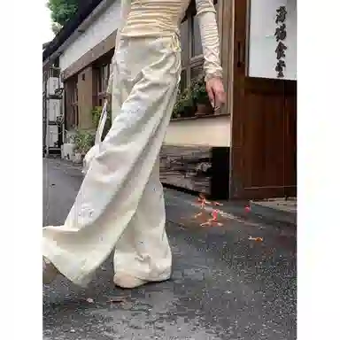 么宁 美式复古高腰宽松阔腿高级感百搭牛仔裤 女款 米杏色