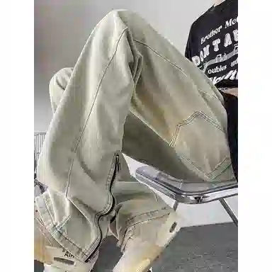 么宁 水洗拉链开叉美式复古宽松牛仔裤 男女同款