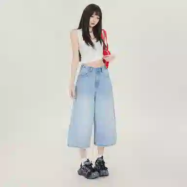 么宁 高腰合身适中阔腿牛仔裤 女款