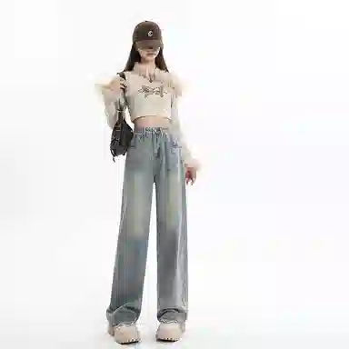 么宁 复古水洗做旧阔腿高腰宽松毛边牛仔裤 女款