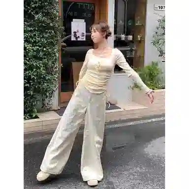 么宁 美式复古高腰宽松阔腿高级感百搭牛仔裤 女款 米杏色