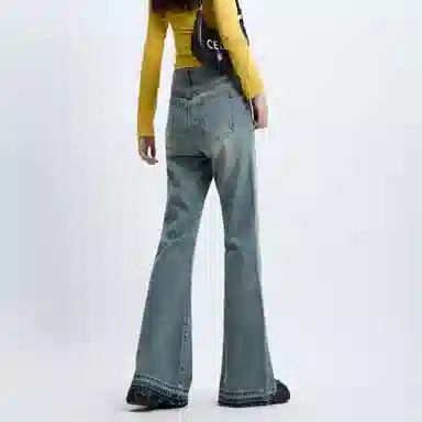 么宁 怀旧微喇马蹄裤拖地超长垂感水洗设计感高街宽松直筒休闲百搭牛仔裤 女款 复古蓝