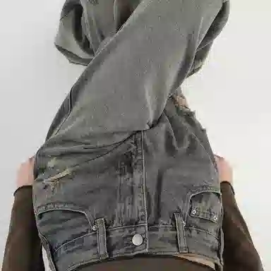 么宁 复古做旧破洞直筒高腰阔腿牛仔裤 女款