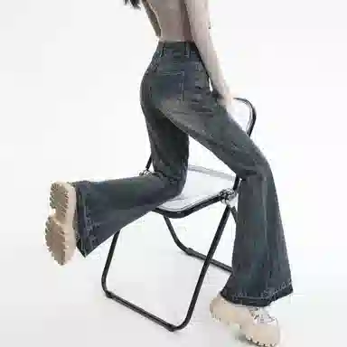 么宁 怀旧微喇马蹄裤拖地超长垂感水洗设计感高街宽松直筒休闲百搭牛仔裤 女款 复古蓝