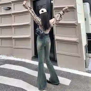 么宁 复古微喇叭高腰设计感辣妹马蹄牛仔裤 女款