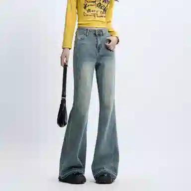 么宁 怀旧微喇马蹄裤拖地超长垂感水洗设计感高街宽松直筒休闲百搭牛仔裤 女款 复古蓝