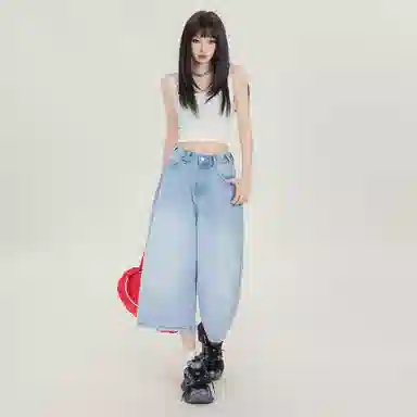 么宁 高腰合身适中阔腿牛仔裤 女款