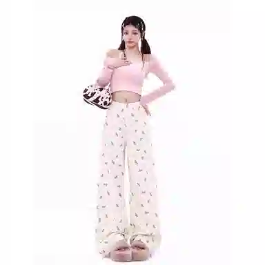 么宁 高腰设计感小众直筒阔腿牛仔裤 女款 小熊印花