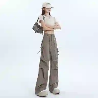 么宁 潮流速干长裤松紧抽绳高腰阔脚小个子高个子工装裤 女款