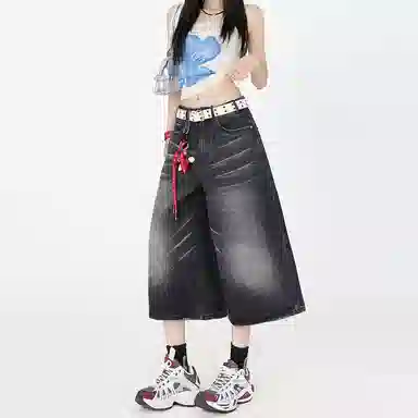 么宁 高腰适中合身阔腿牛仔裤 女款