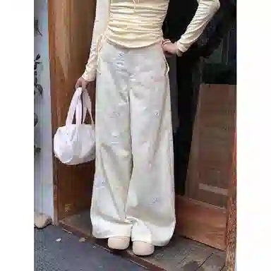 么宁 美式复古高腰宽松阔腿高级感百搭牛仔裤 女款 米杏色