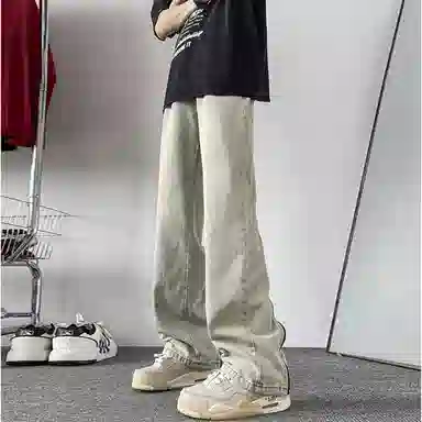 么宁 水洗拉链开叉美式复古宽松牛仔裤 男女同款