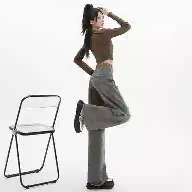 么宁 复古做旧破洞直筒高腰阔腿牛仔裤 女款