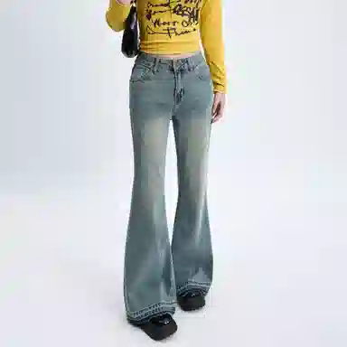 么宁 怀旧微喇马蹄裤拖地超长垂感水洗设计感高街宽松直筒休闲百搭牛仔裤 女款 复古蓝