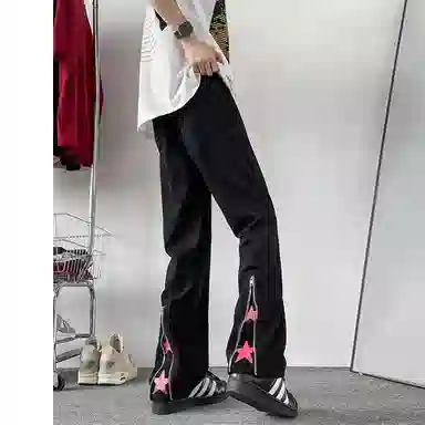 么宁 水洗拉链开叉美式复古宽松牛仔裤 男女同款