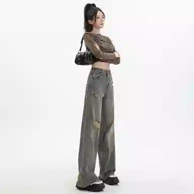 么宁 复古做旧破洞直筒高腰阔腿牛仔裤 女款