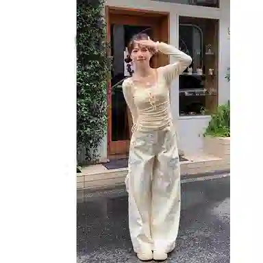 么宁 美式复古高腰宽松阔腿高级感百搭牛仔裤 女款 米杏色