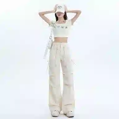 么宁 速干长裤松紧抽绳高腰阔脚小个子高个子工装裤 女款