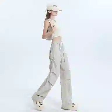 么宁 快速干长裤松紧抽绳高腰阔脚小个子高个子工装裤 女款