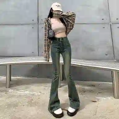 么宁 复古微喇叭高腰设计感辣妹马蹄牛仔裤 女款