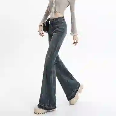 么宁 怀旧微喇马蹄裤拖地超长垂感水洗设计感高街宽松直筒休闲百搭牛仔裤 女款 复古蓝